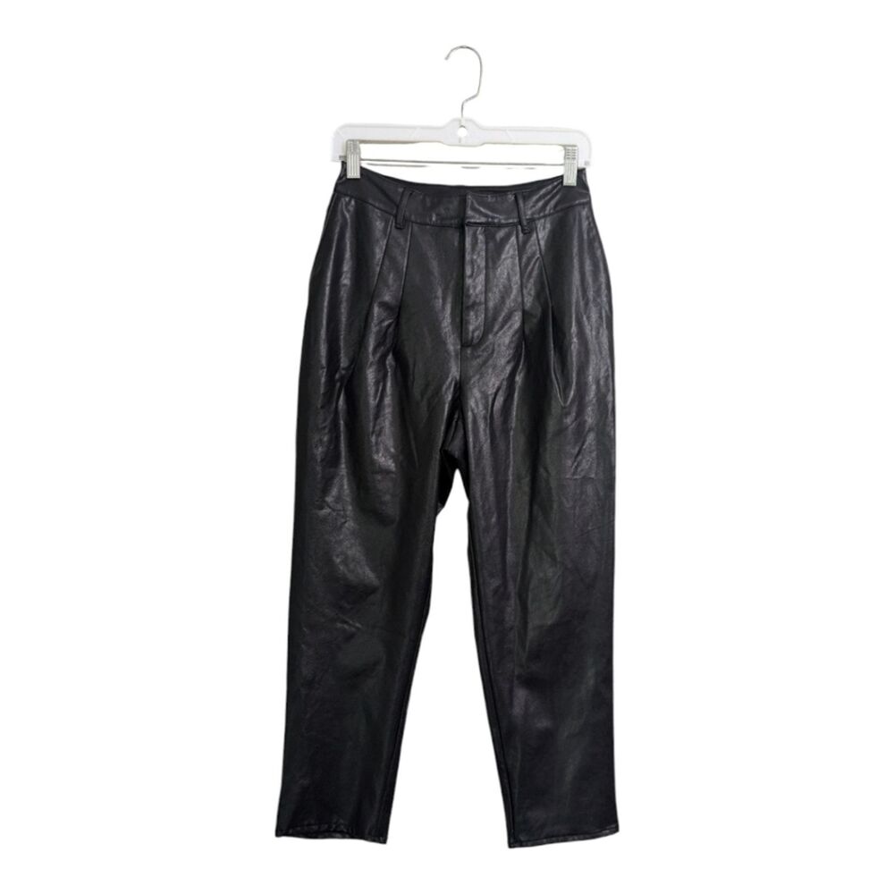 Express Woman Black Faux Leather Pants Pleated High Rise Straight Leg Classic XS